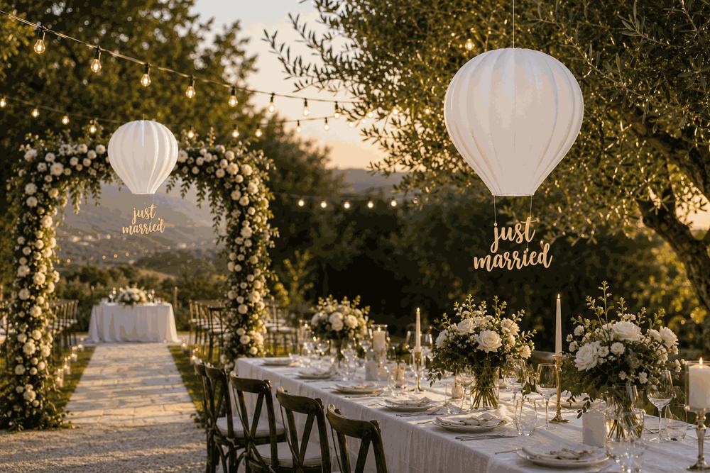 Vjenčanje na otvorenom, natpis „just married”